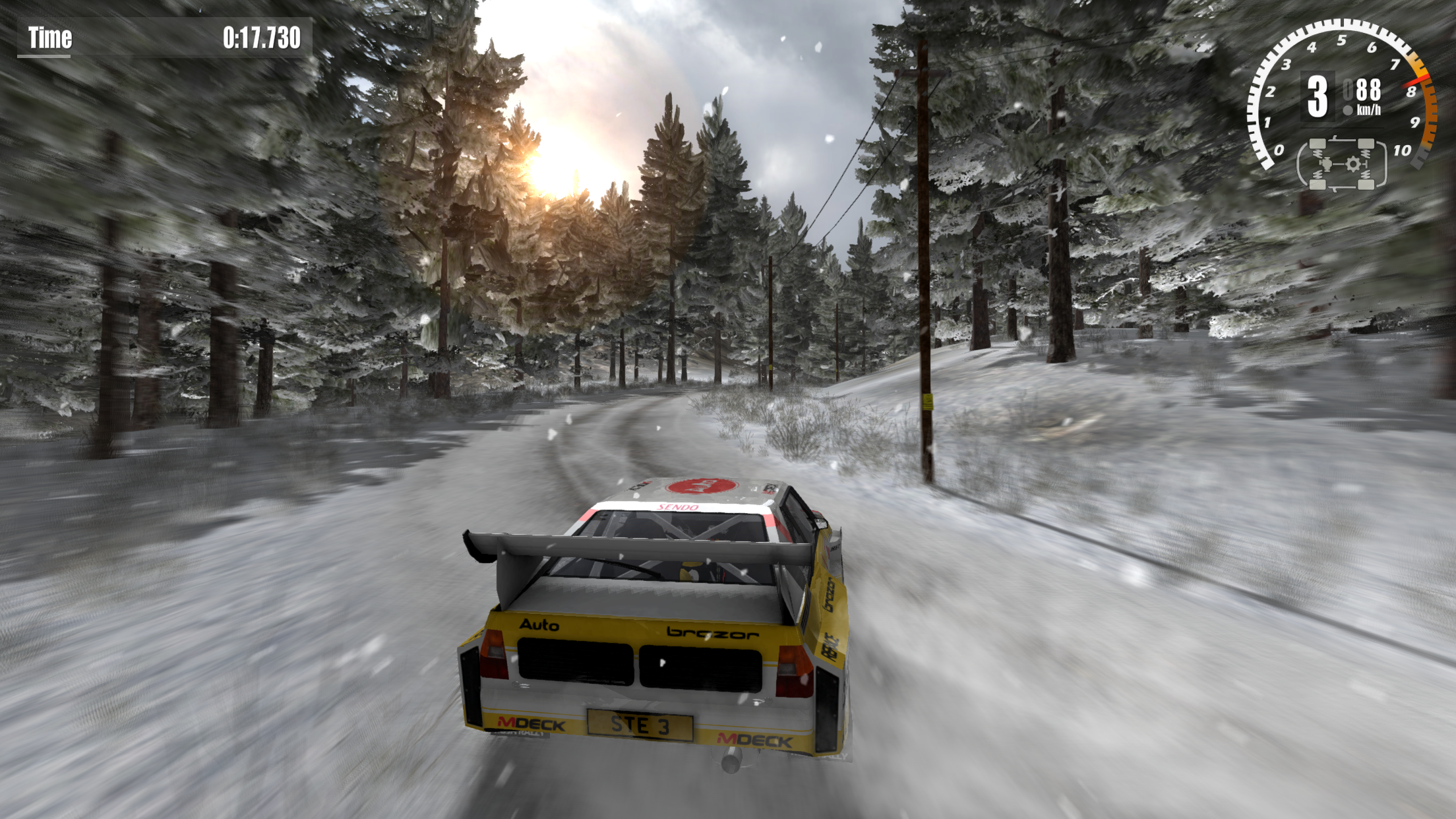 Rally car racing through a snowy forest in Rush Rally 3